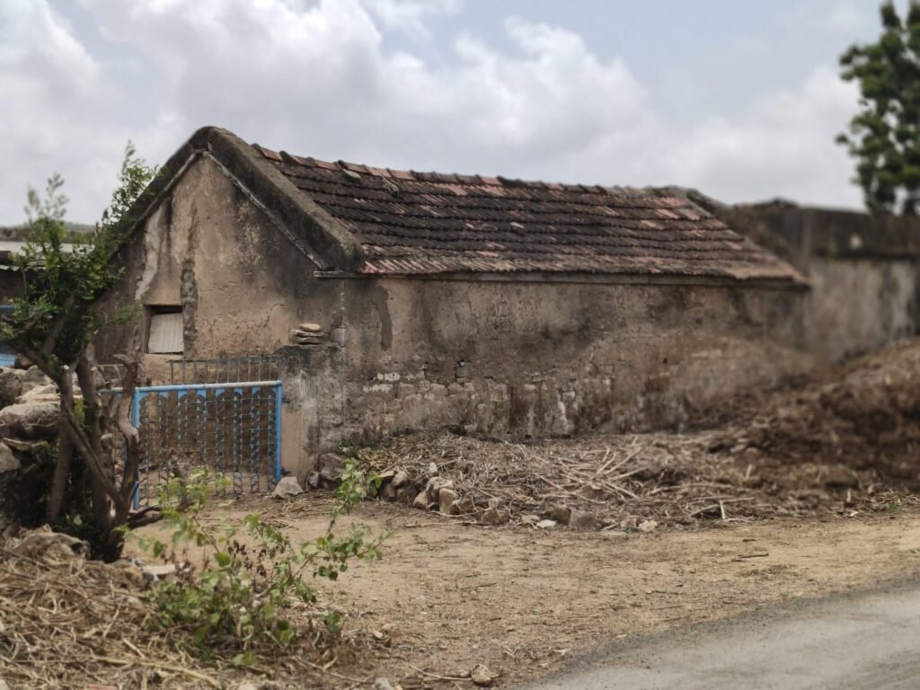 Old weathered building with a reddish-brown tiled roof, cracked walls, a blue metal gate, and a small green plant growing amo