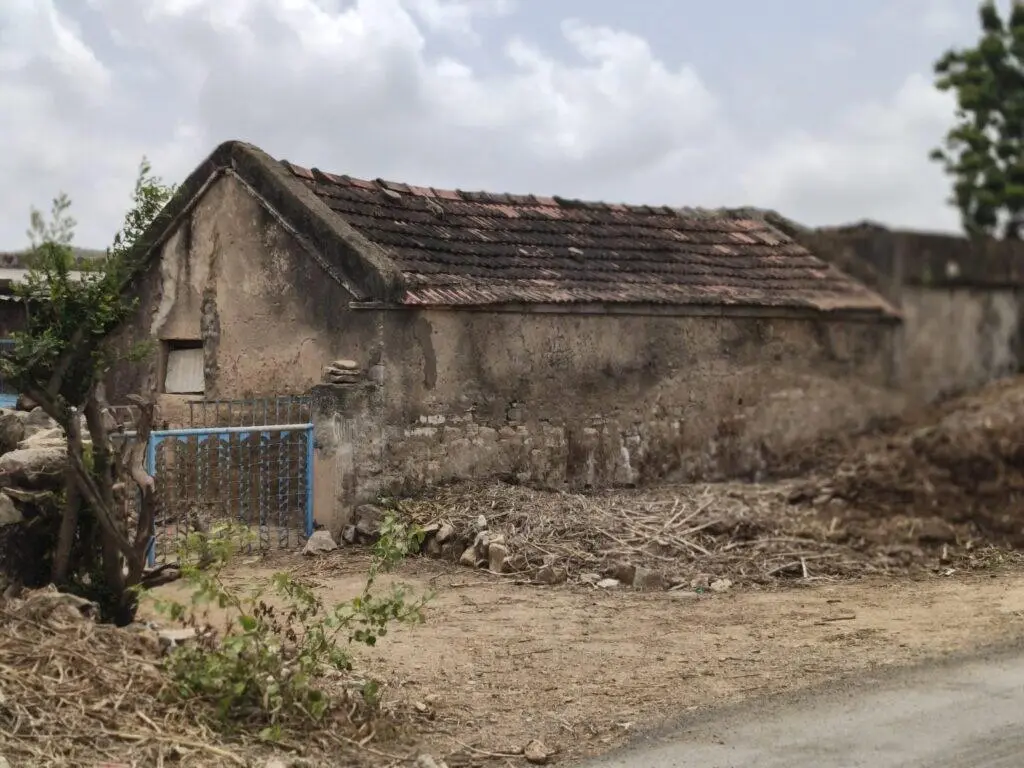 Old weathered building with a reddish-brown tiled roof, cracked walls, a blue metal gate, and a small green plant growing amo
