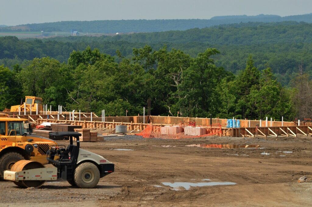 Wooden forms set up for a concrete foundation slab