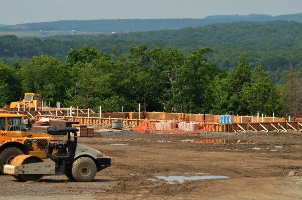Wooden forms set up for a concrete foundation slab