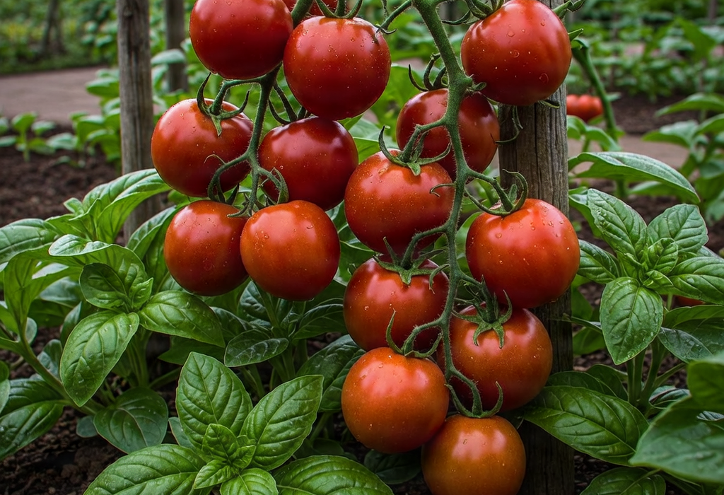 Vegetable garden with ripe tomatoes