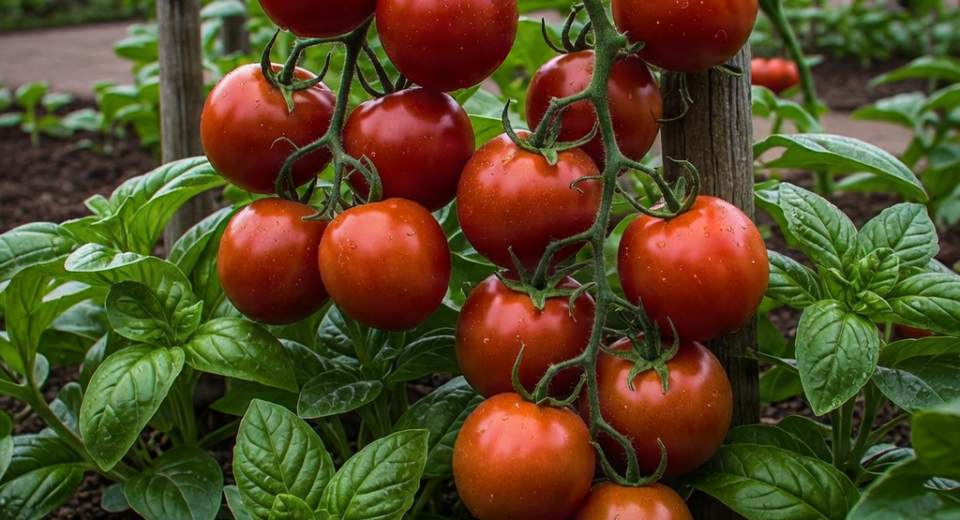 Vegetable garden with ripe tomatoes