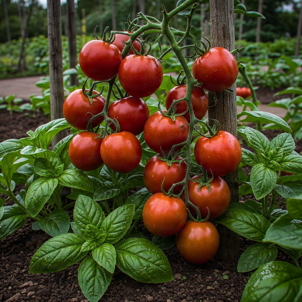 Vegetable garden with ripe tomatoes